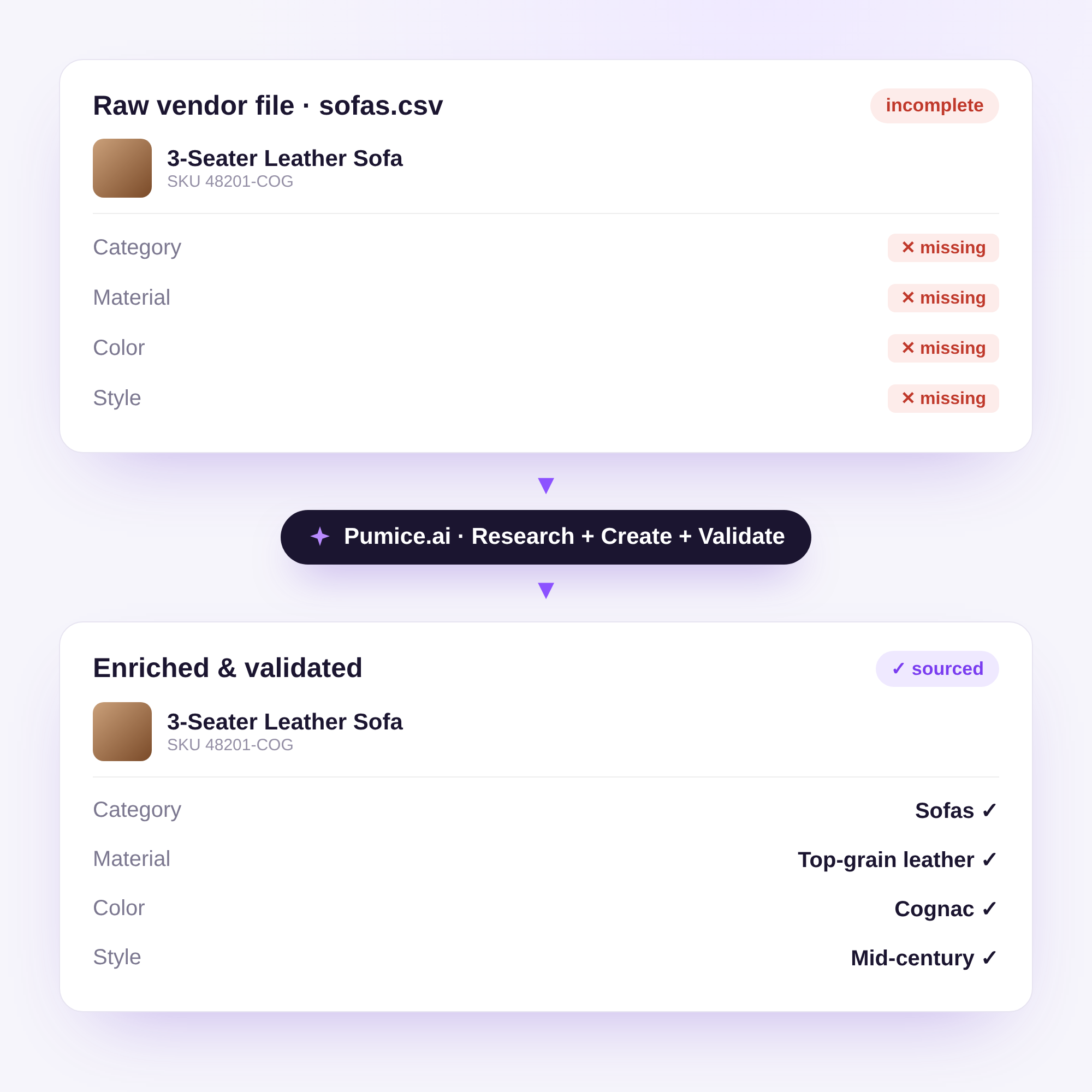 Raw vendor file enriched and validated by Pumice AI