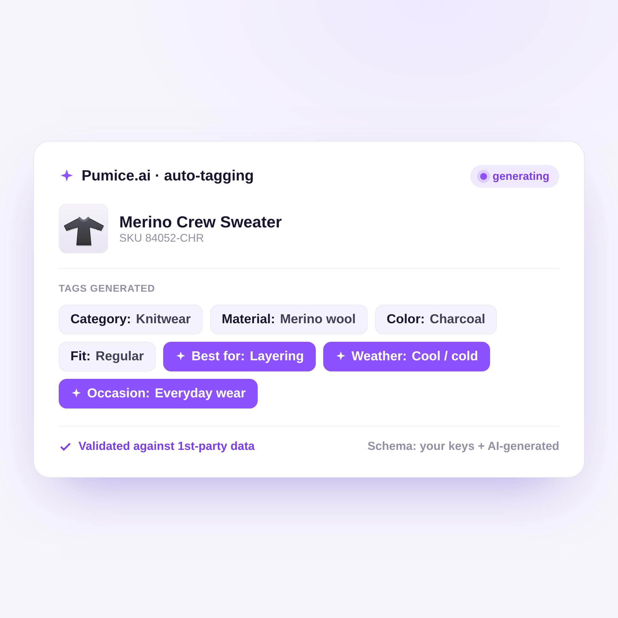 Pumice AI auto-tagging a sweater with need-based attributes