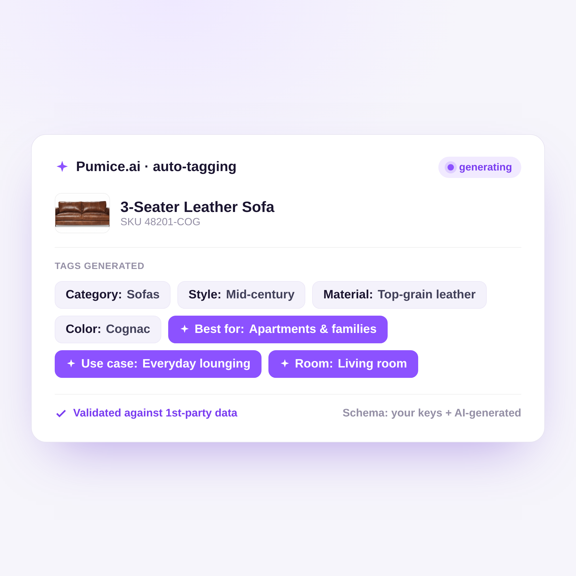 Pumice AI auto-tagging a sofa with need-based attributes